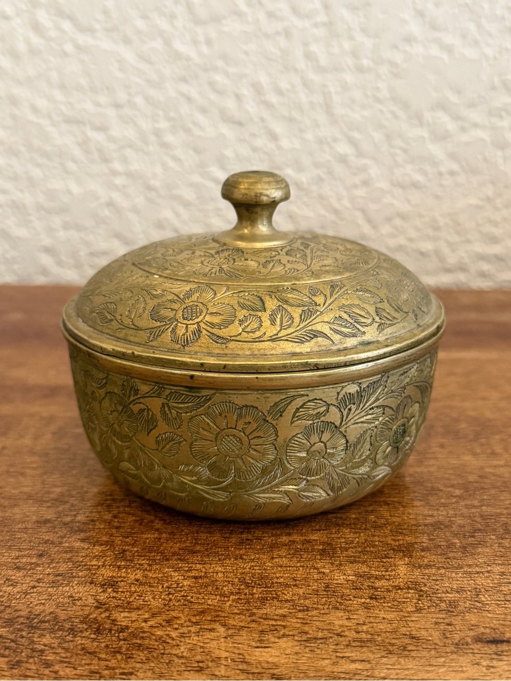 Vintage Solid Brass Lidded Trinket Bowl Hand-Etched Floral Jewelry Made India